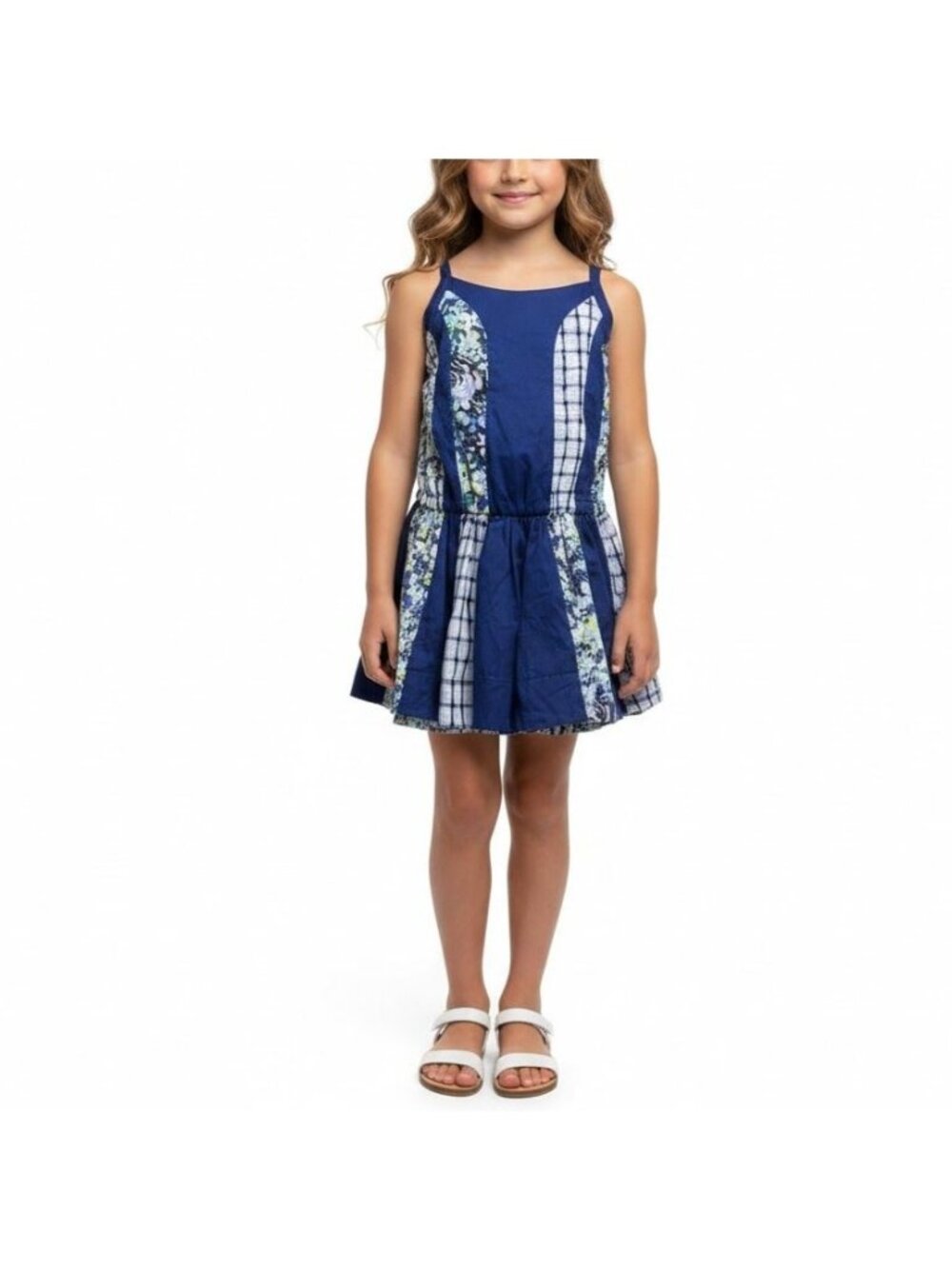 Catimini Girls Size 10 Blue Floral Striped Patchwork Sleeveless Ruffle Dress